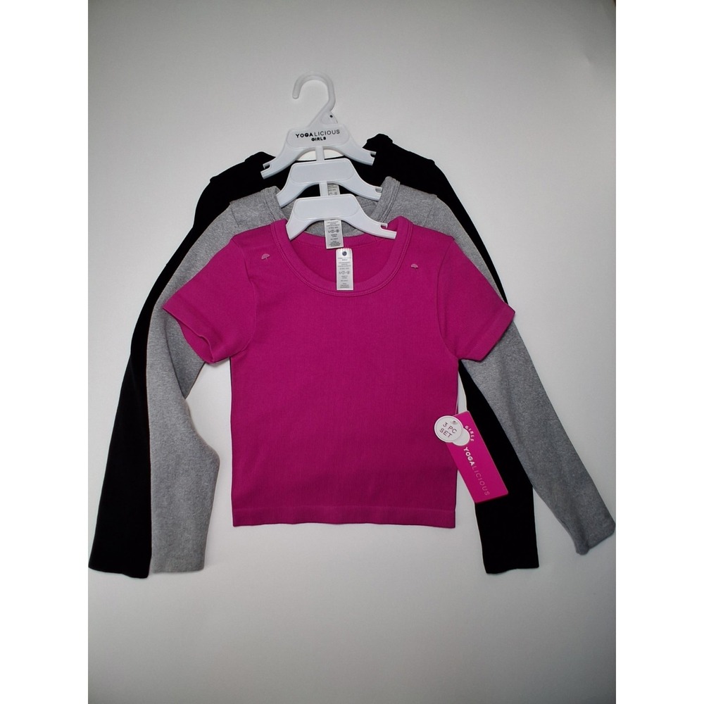 Yogalicious Girls Rib Seamless Leighton  Size 7/8 Pink, Gray, Black 3 Piece